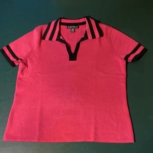 90s hot pink, navy trim polo, short sleeve, PM, comfy cotton/nylon blend.